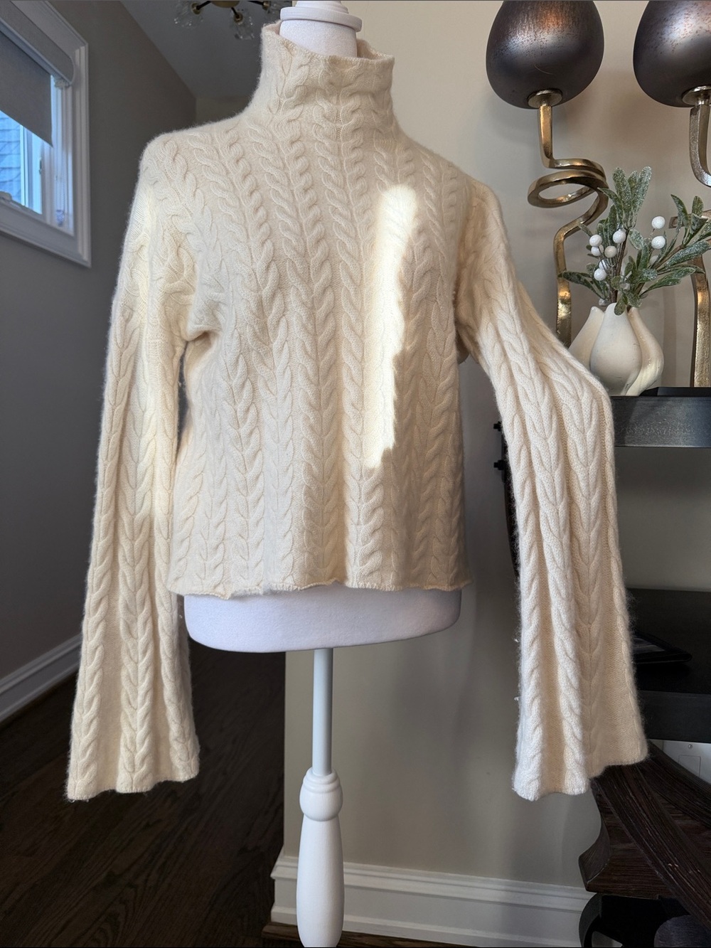 Cream Cable-Knit Turtleneck Sweater